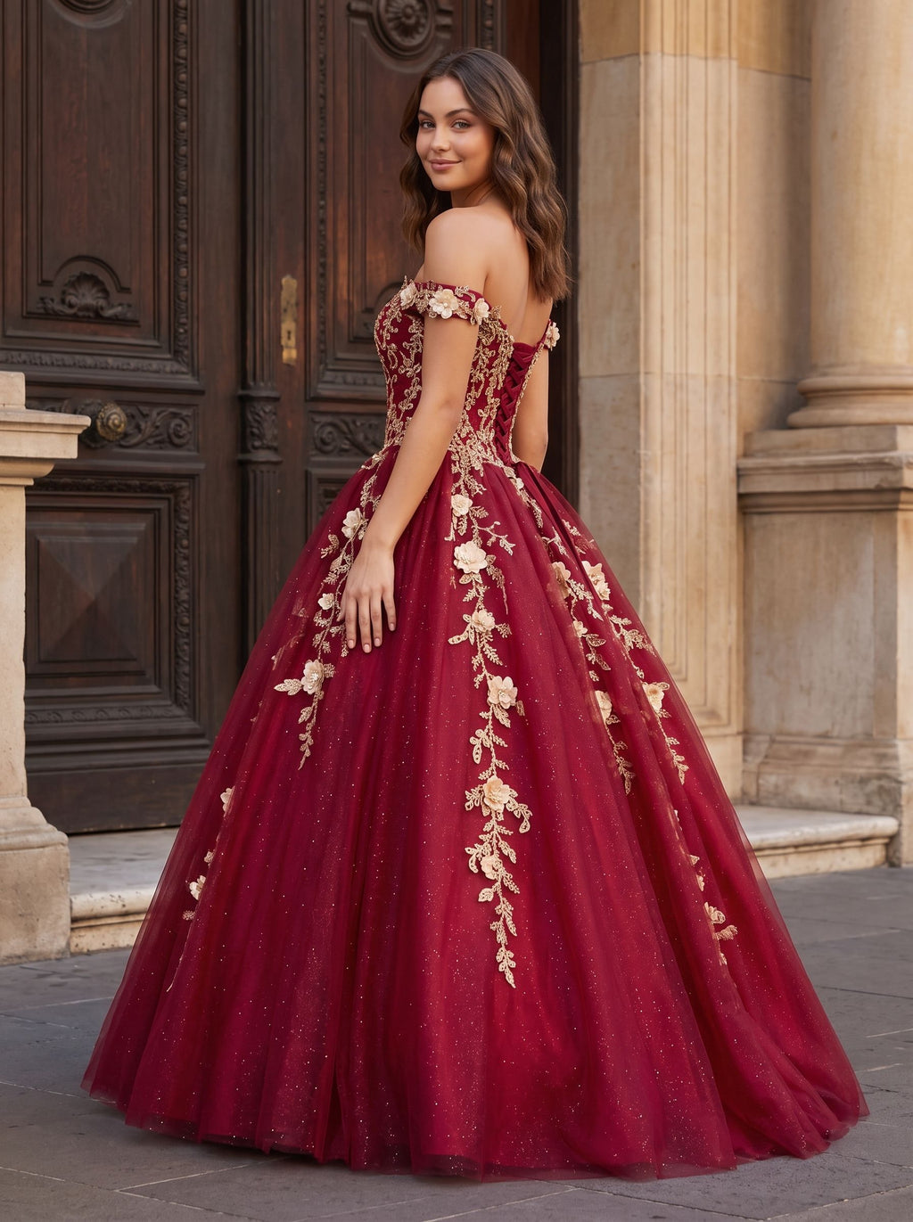 Burgundy Glitter Tulle & Lace A-Line Off-the-Shoulder Floor-Length Dress - Curvevia