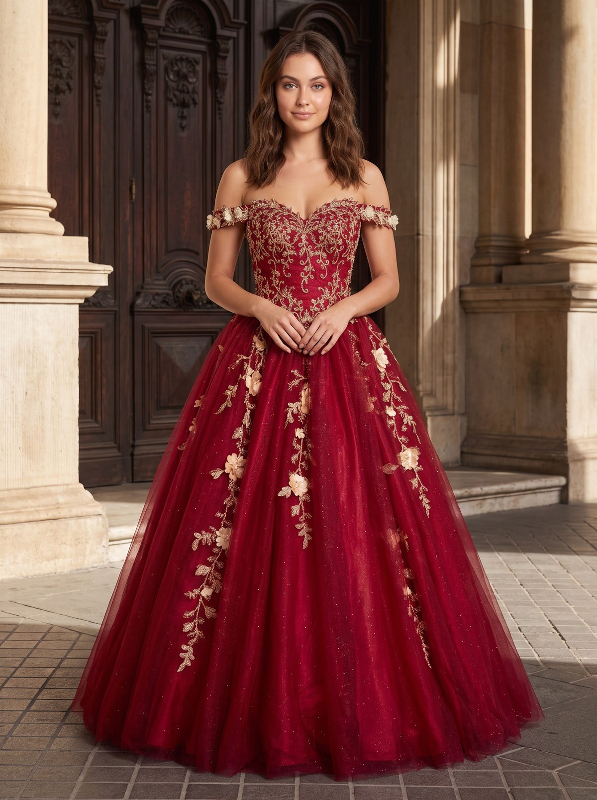 Burgundy Glitter Tulle & Lace A-Line Off-the-Shoulder Floor-Length Dress - Curvevia