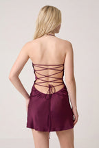 Burgundy Halter Satin Sheath Sequined Mini Homecoming Dress - Curvevia