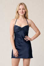 Burgundy Halter Satin Sheath Sequined Mini Homecoming Dress - Curvevia