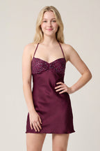 Burgundy Halter Satin Sheath Sequined Mini Homecoming Dress - Curvevia