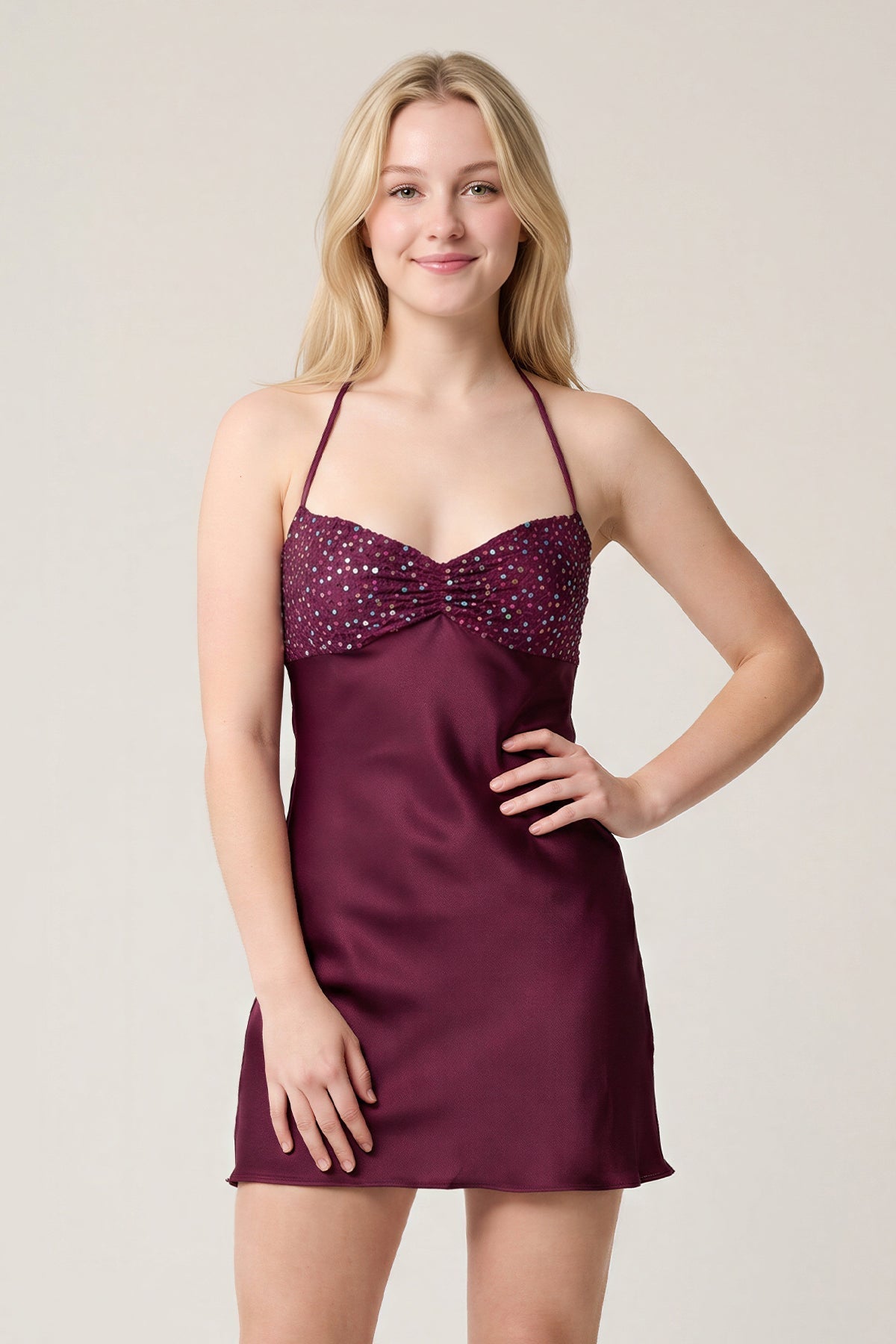 Burgundy Halter Satin Sheath Sequined Mini Homecoming Dress - Curvevia