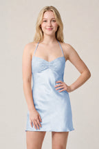 Burgundy Halter Satin Sheath Sequined Mini Homecoming Dress - Curvevia