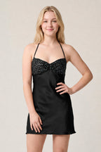 Burgundy Halter Satin Sheath Sequined Mini Homecoming Dress - Curvevia