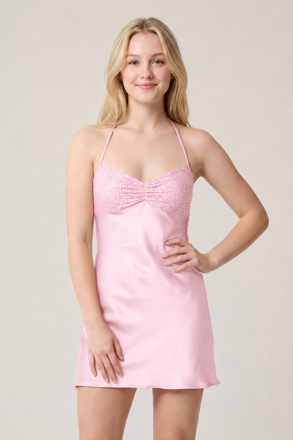 Burgundy Halter Satin Sheath Sequined Mini Homecoming Dress - Curvevia