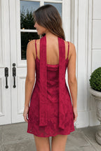 Red Jacquard Chiffon Cami Straps Sheath Homecoming Dress with Scarf - Curvevia