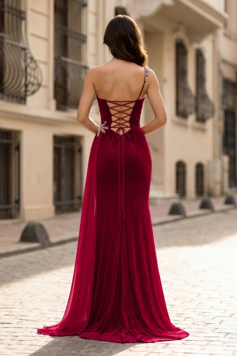 Black Rhinestone One Shoulder A Line Prom Dress with Slit - Curvevia