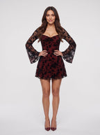 Burgundy Lace A-Line Sweetheart Back Zip Short Dress with Long Sleeves - Curvevia
