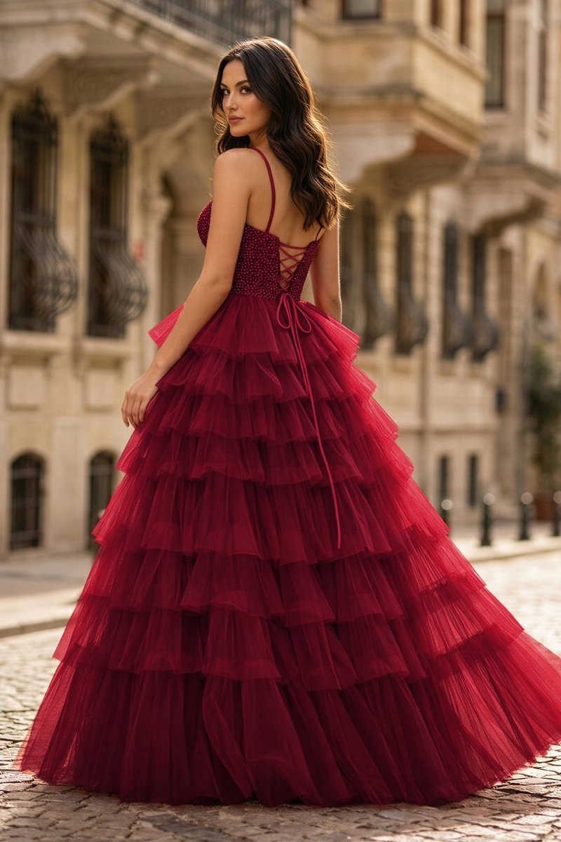 Spaghetti Straps Sweetheart Layered Tulle Formal Prom Dress with Slit - Curvevia