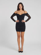 Black Mesh Sheath Cowl Neck Back Zip Short Dress with Pearl Embroidery - Curvevia