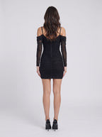Black Mesh Sheath Cowl Neck Back Zip Short Dress with Pearl Embroidery - Curvevia