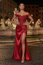 Burgundy Off The Shoulder Mermaid Beaded Satin Long Prom Dresses With Appliques - Curvevia
