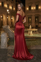 Burgundy Off The Shoulder Mermaid Beaded Satin Long Prom Dresses With Appliques - Curvevia