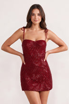 Pink Sparkly Sequin Sheath Bow Spaghetti Straps Homecoming Dress - Curvevia
