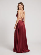 Burgundy Satin A-Line Straight Neck Lace-up Floor-Length Dress with Split Front - Curvevia
