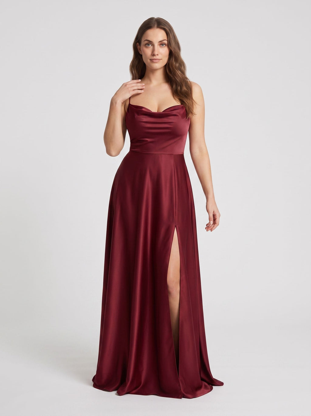 Burgundy Satin A-Line Straight Neck Lace-up Floor-Length Dress with Split Front - Curvevia