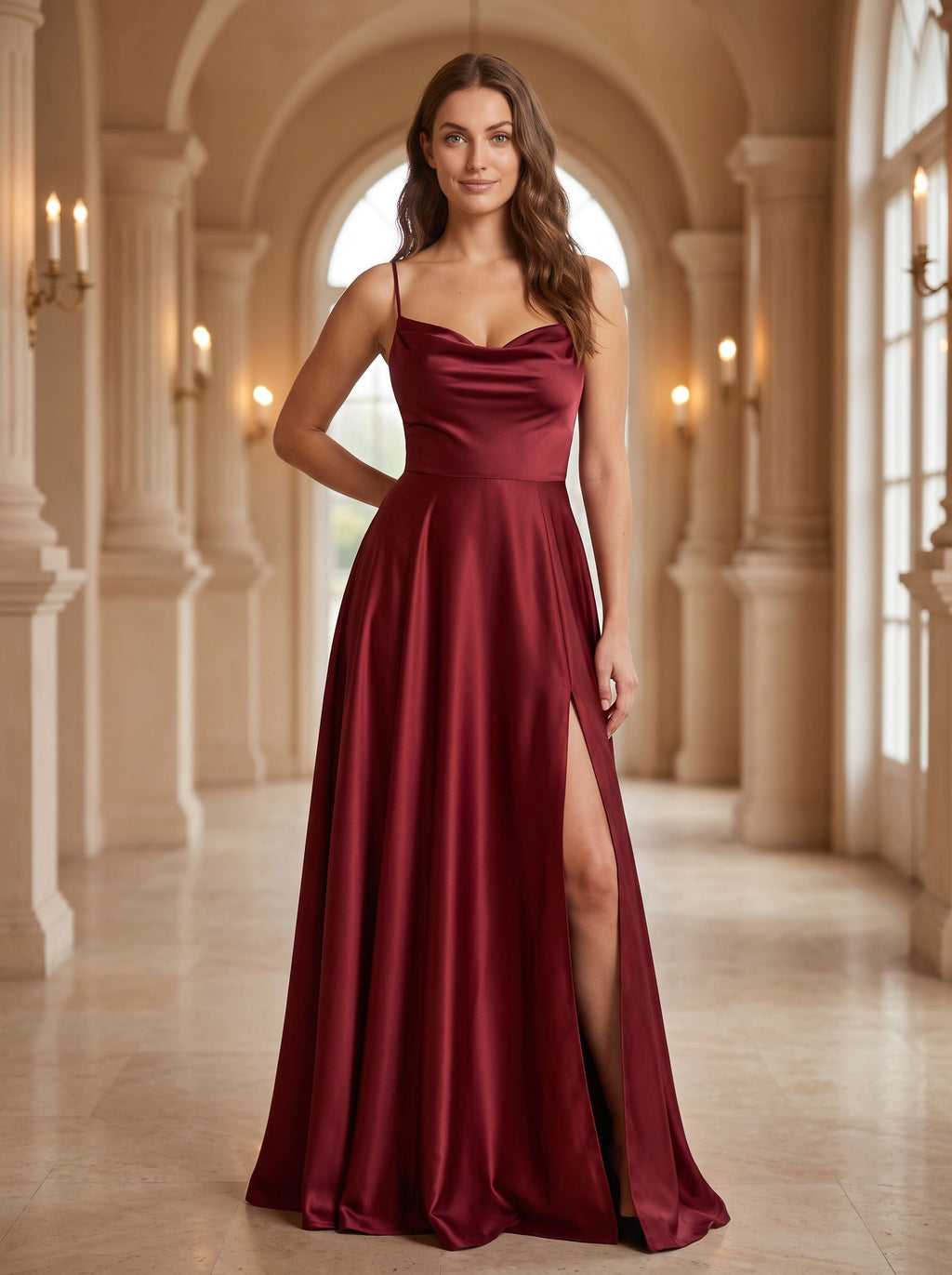 Burgundy Satin A-Line Straight Neck Lace-up Floor-Length Dress with Split Front - Curvevia
