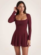 Burgundy Stretch Knit A-Line Cowl Neck Bow Short Dress with Draped Bodice - Curvevia