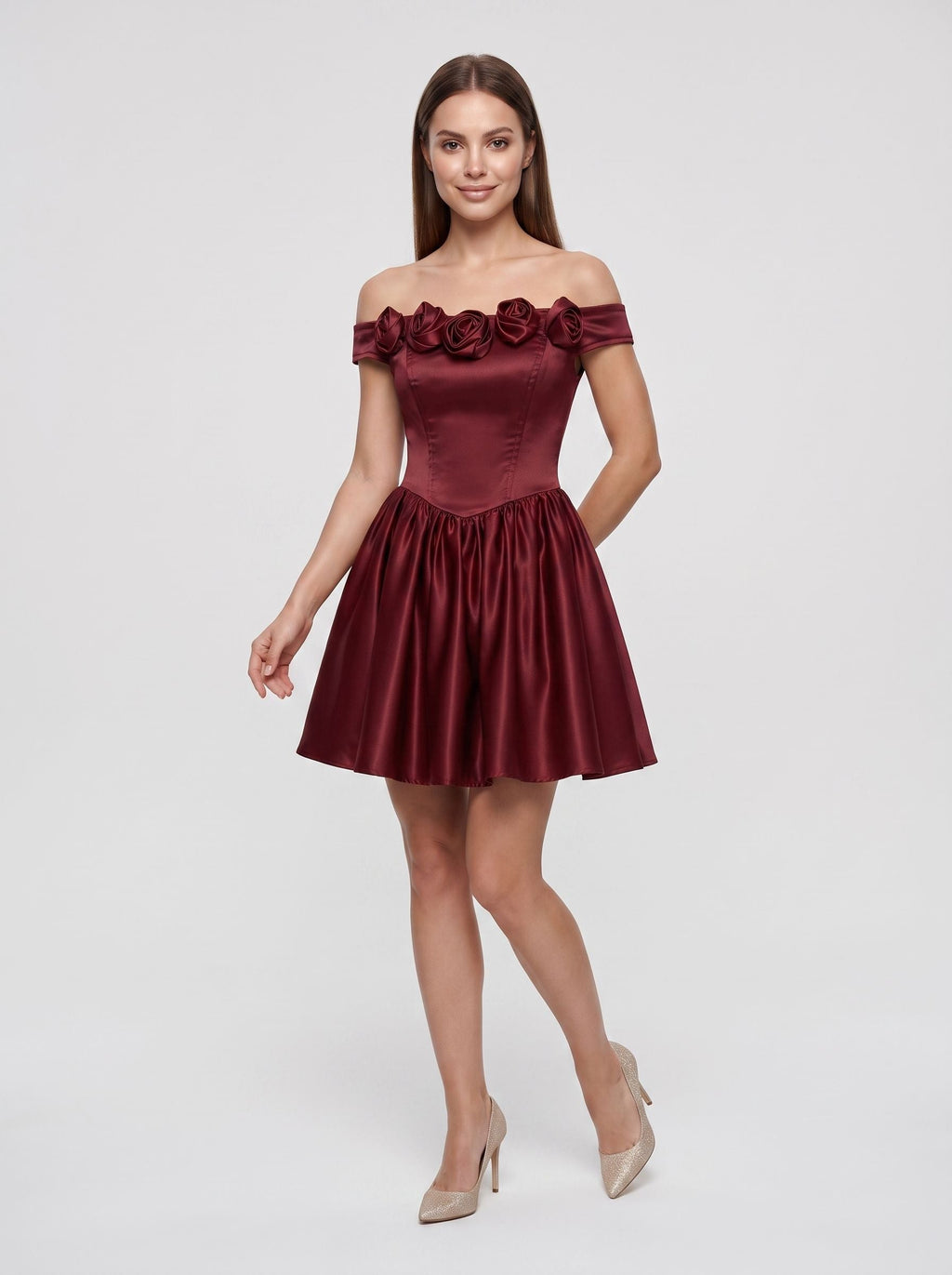 Burgundy Satin A-Line Off-the-Shoulder Back Zip Short Dress with 3D Floral Details - Curvevia