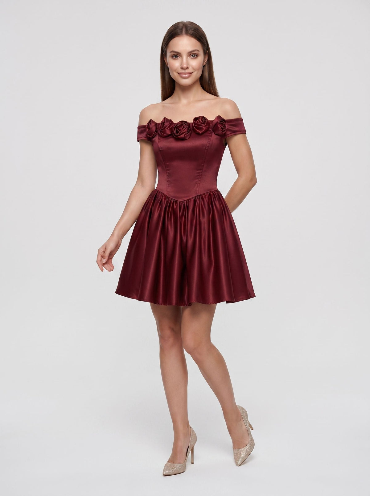 Burgundy Satin A-Line Off-the-Shoulder Back Zip Short Dress with 3D Floral Details - Curvevia