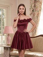 Burgundy Satin A-Line Off-the-Shoulder Back Zip Short Dress with 3D Floral Details - Curvevia