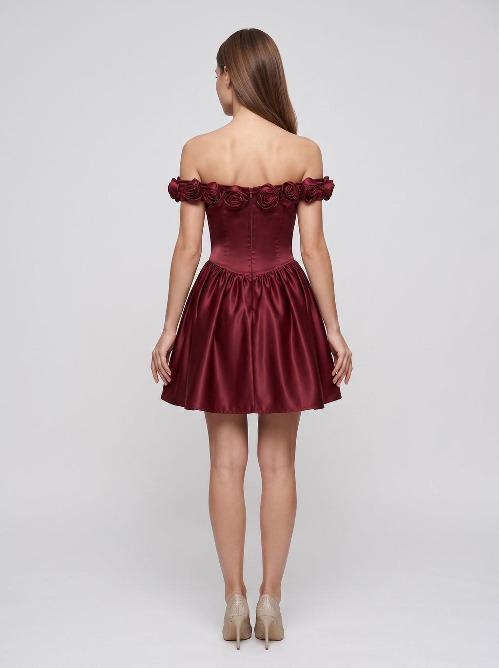 Burgundy Satin A-Line Off-the-Shoulder Back Zip Short Dress with 3D Floral Details - Curvevia