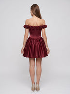 Burgundy Satin A-Line Off-the-Shoulder Back Zip Short Dress with 3D Floral Details - Curvevia