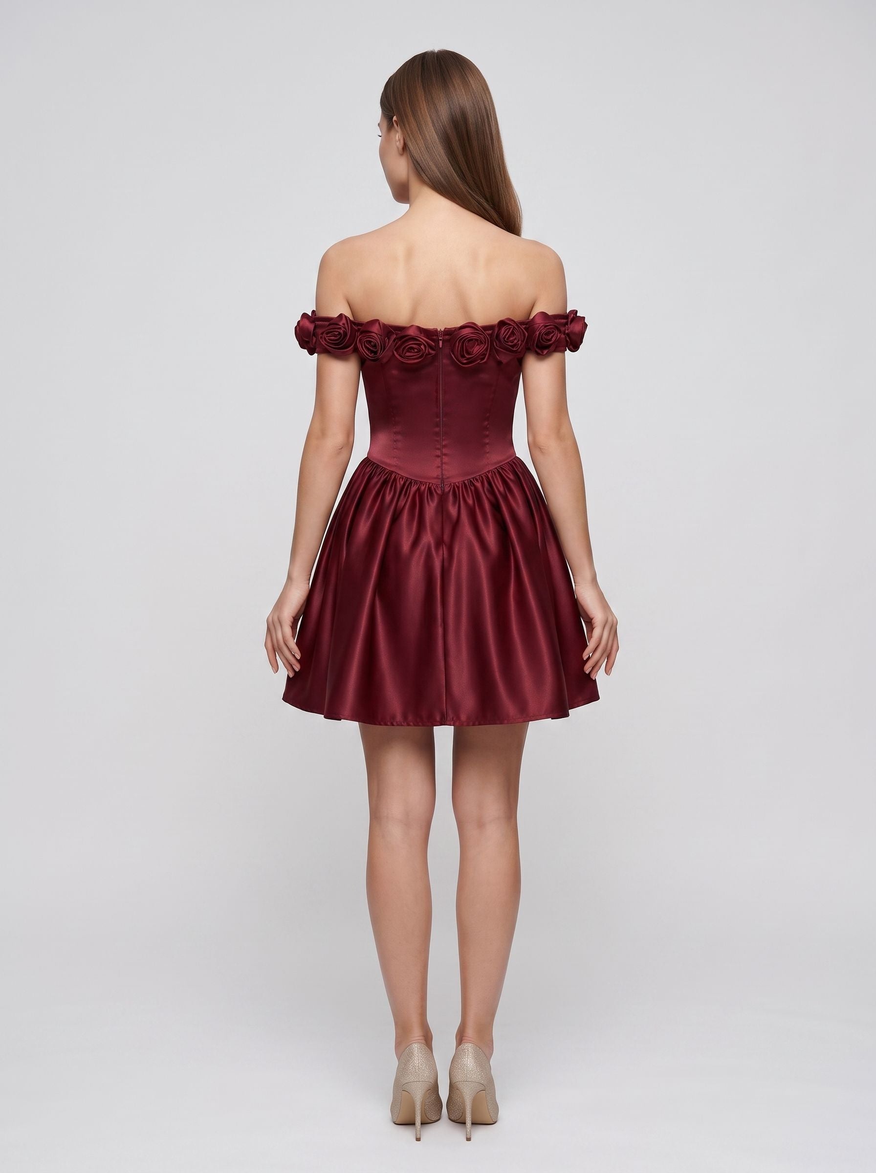 Burgundy Satin A-Line Off-the-Shoulder Back Zip Short Dress with 3D Floral Details - Curvevia