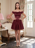 Burgundy Satin A-Line Off-the-Shoulder Back Zip Short Dress with 3D Floral Details - Curvevia
