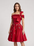 Red Satin A-Line Off-the-Shoulder Criss-Cross Straps Short Dress - Curvevia