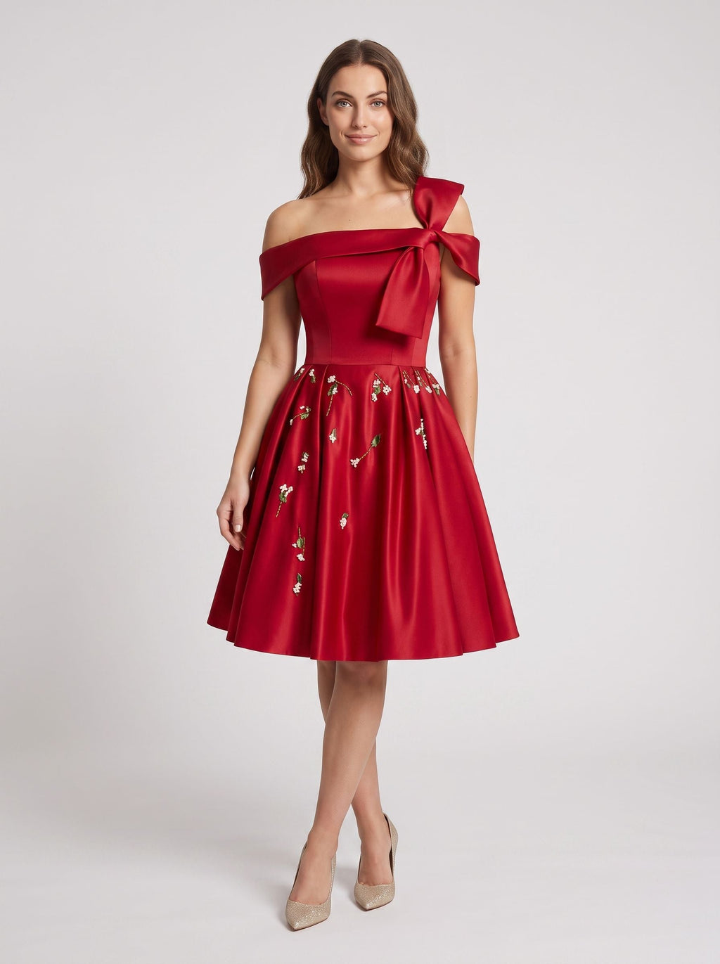 Red Satin A-Line Off-the-Shoulder Criss-Cross Straps Short Dress - Curvevia