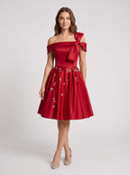 Red Satin A-Line Off-the-Shoulder Criss-Cross Straps Short Dress - Curvevia