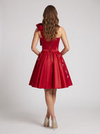 Red Satin A-Line Off-the-Shoulder Criss-Cross Straps Short Dress - Curvevia