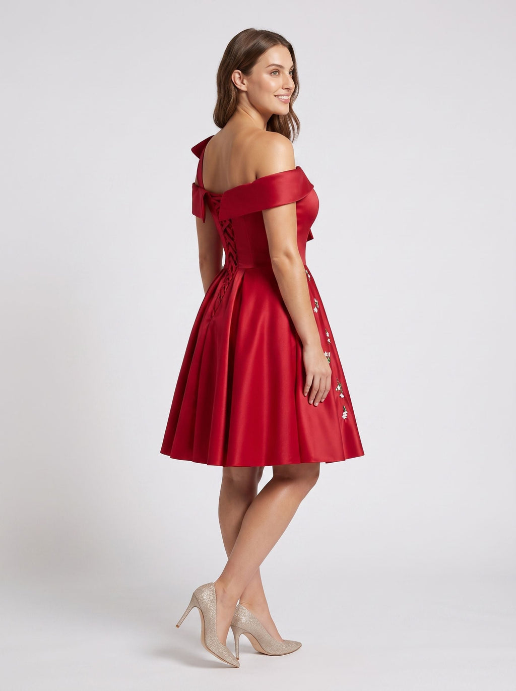 Red Satin A-Line Off-the-Shoulder Criss-Cross Straps Short Dress - Curvevia