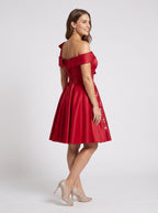 Red Satin A-Line Off-the-Shoulder Criss-Cross Straps Short Dress - Curvevia