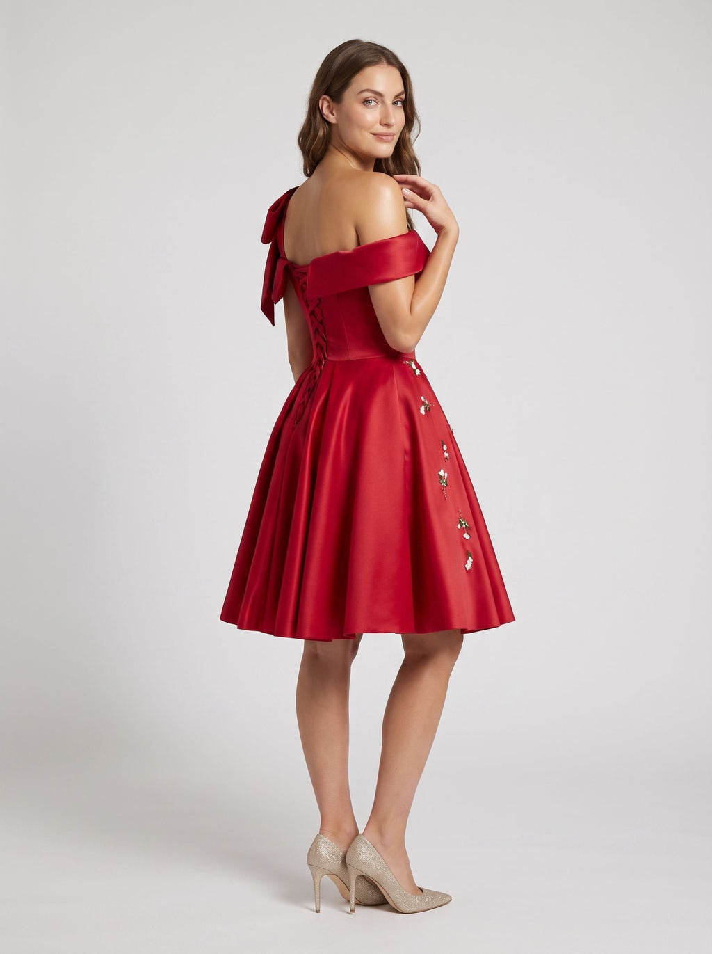 Red Satin A-Line Off-the-Shoulder Criss-Cross Straps Short Dress - Curvevia