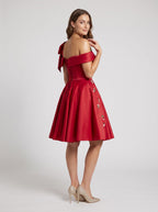 Red Satin A-Line Off-the-Shoulder Criss-Cross Straps Short Dress - Curvevia