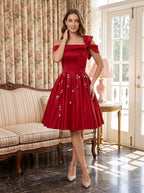 Red Satin A-Line Off-the-Shoulder Criss-Cross Straps Short Dress - Curvevia