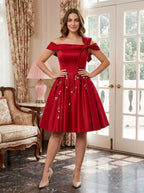 Red Satin A-Line Off-the-Shoulder Criss-Cross Straps Short Dress - Curvevia