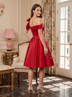 Red Satin A-Line Off-the-Shoulder Criss-Cross Straps Short Dress - Curvevia