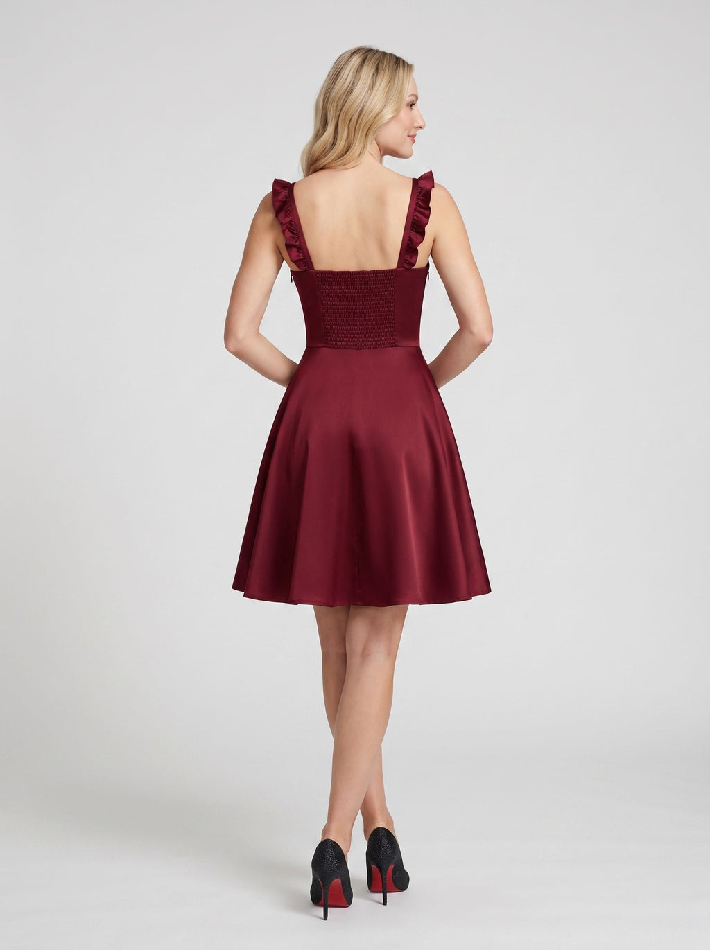 Burgundy Satin A-Line Square Neck Side Zip Short Dress with Ruffle Straps - Curvevia