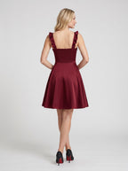 Burgundy Satin A-Line Square Neck Side Zip Short Dress with Ruffle Straps - Curvevia
