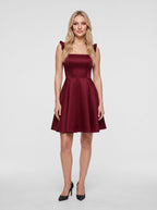 Burgundy Satin A-Line Square Neck Side Zip Short Dress with Ruffle Straps - Curvevia