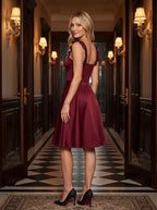 Burgundy Satin A-Line Square Neck Side Zip Short Dress with Ruffle Straps - Curvevia