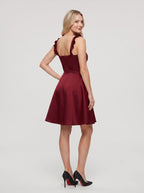 Burgundy Satin A-Line Square Neck Side Zip Short Dress with Ruffle Straps - Curvevia