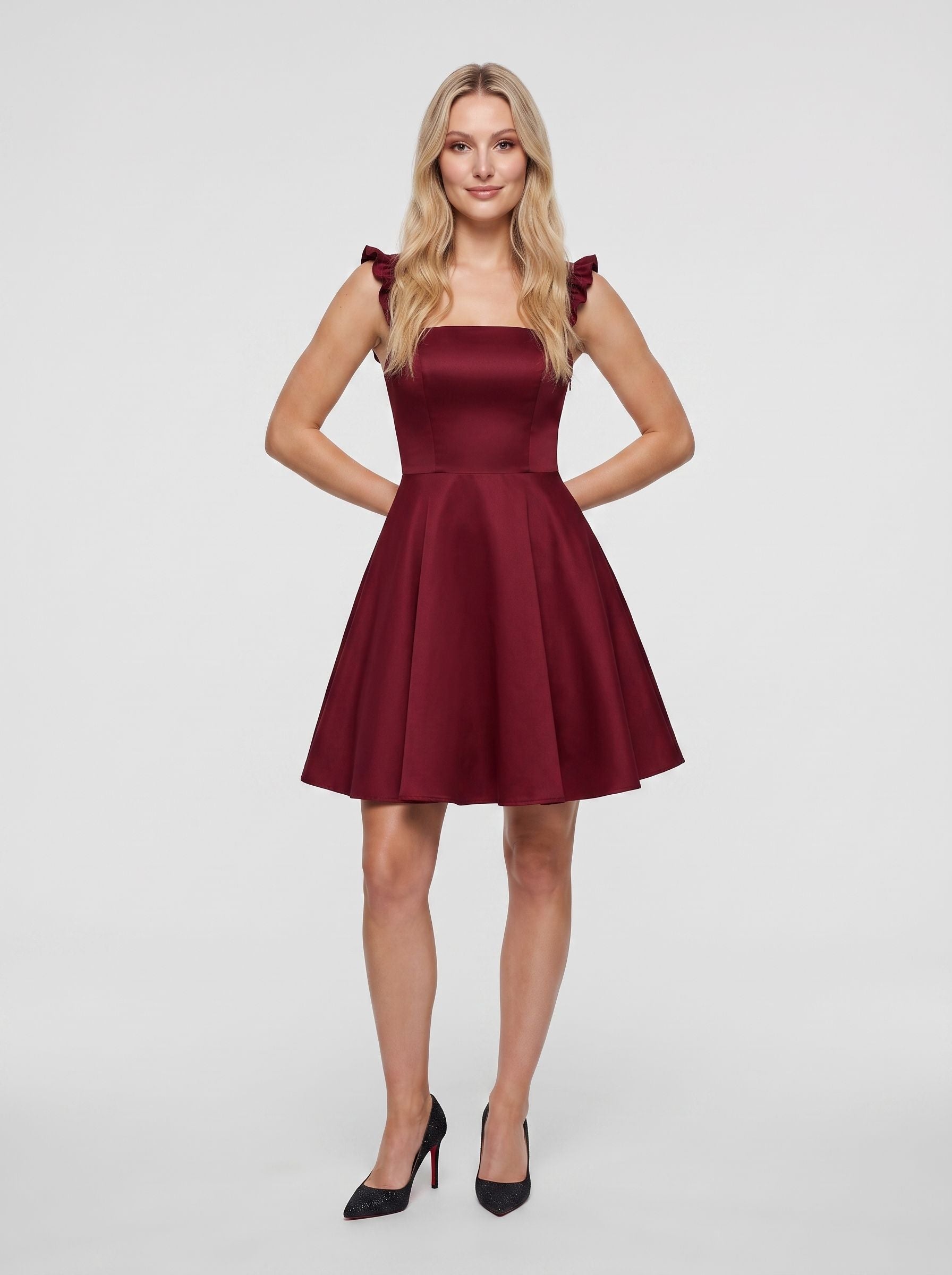 Burgundy Satin A-Line Square Neck Side Zip Short Dress with Ruffle Straps - Curvevia