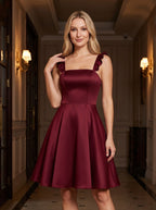 Burgundy Satin A-Line Square Neck Side Zip Short Dress with Ruffle Straps - Curvevia