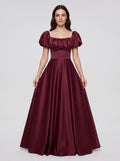 Burgundy Satin A-Line Square Neck Lace-up Floor-Length Dress with Pleated Bodice - Curvevia