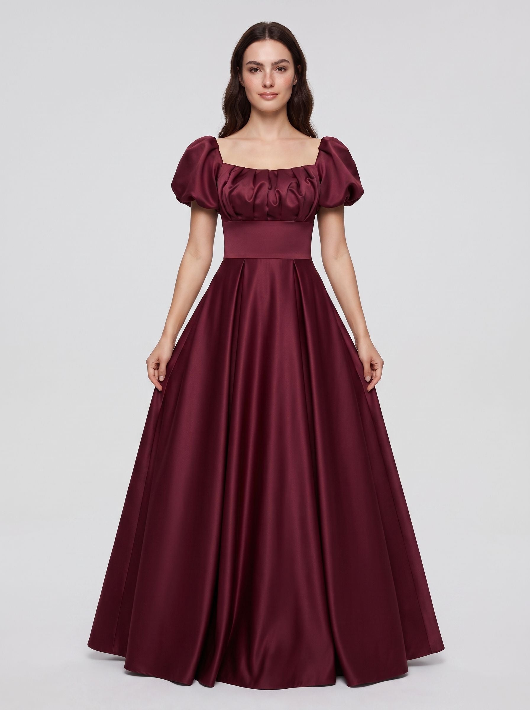 Burgundy Satin A-Line Square Neck Lace-up Floor-Length Dress with Pleated Bodice - Curvevia