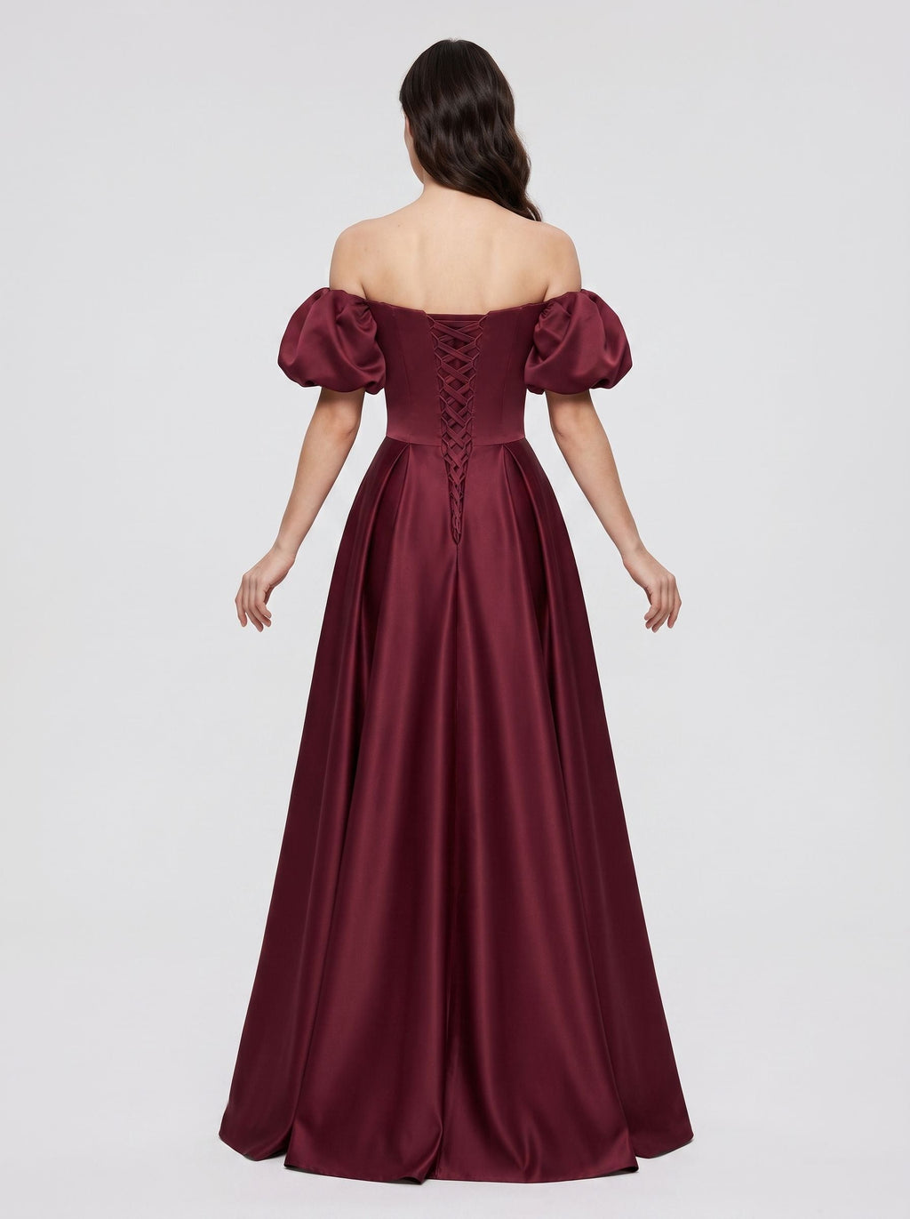 Burgundy Satin A-Line Square Neck Lace-up Floor-Length Dress with Pleated Bodice - Curvevia